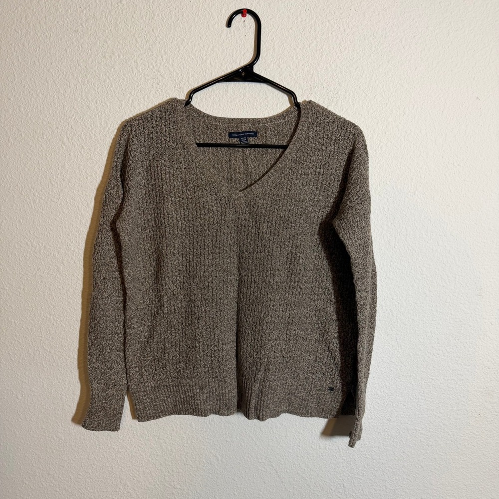 American Eagle Outfitters Brown Marl V-Neck Textured Knit Sweater Womens XS